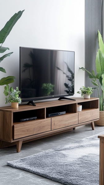 tv stand, media console, entertainment unit, tv cabinet, living room furniture, bestseller push, lifestyle, minimalist, calm, neutral, brown